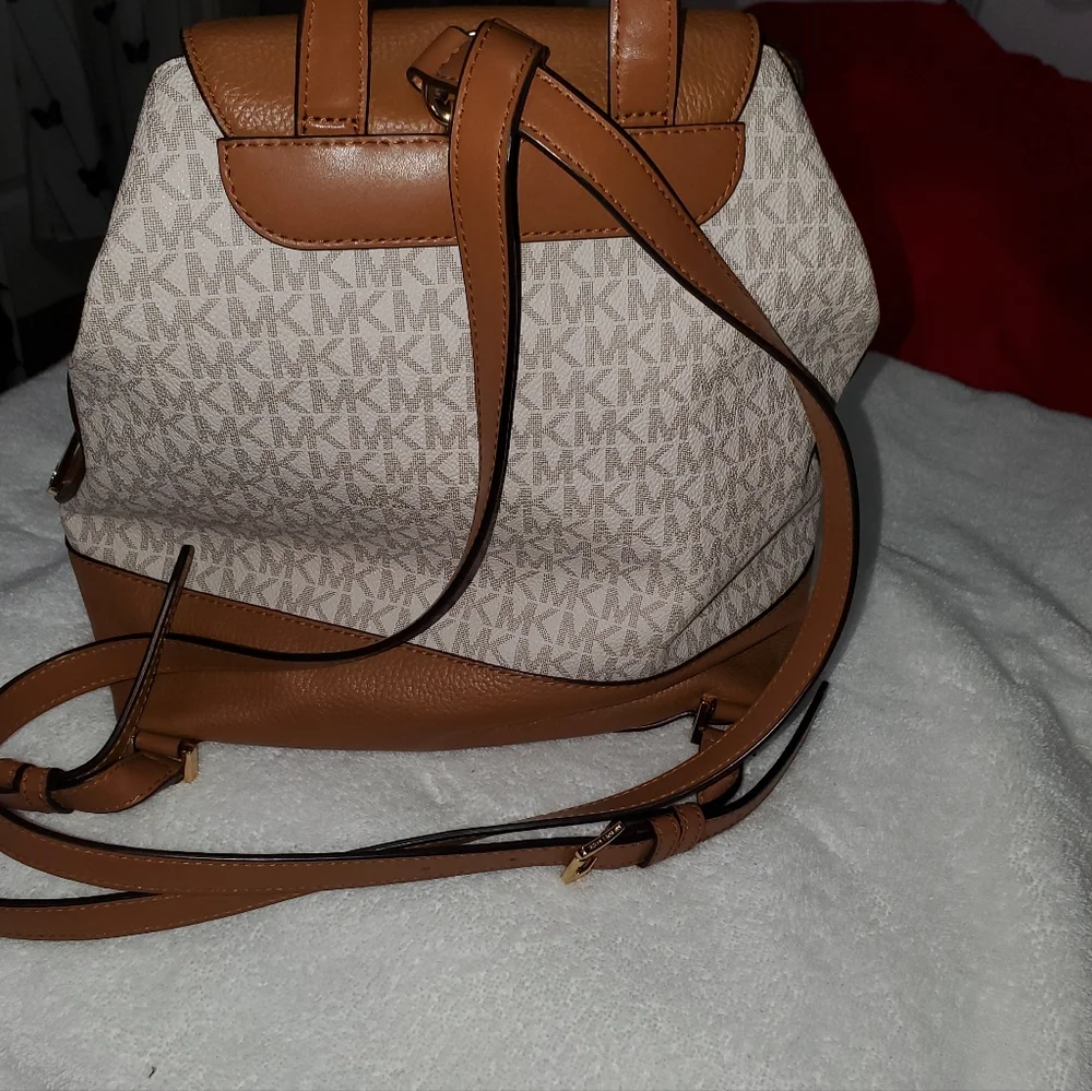 Michael Kors Brown and Beige Logo Canvas Drawstring Backpack with Leather Trim - Picture 2 of 4
